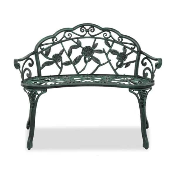 Outdoor 38.5 in. Cast Aluminum Patio Bench-Antique Green Rose Pattern, Weather-Resistant and Comfortable Porch Seating