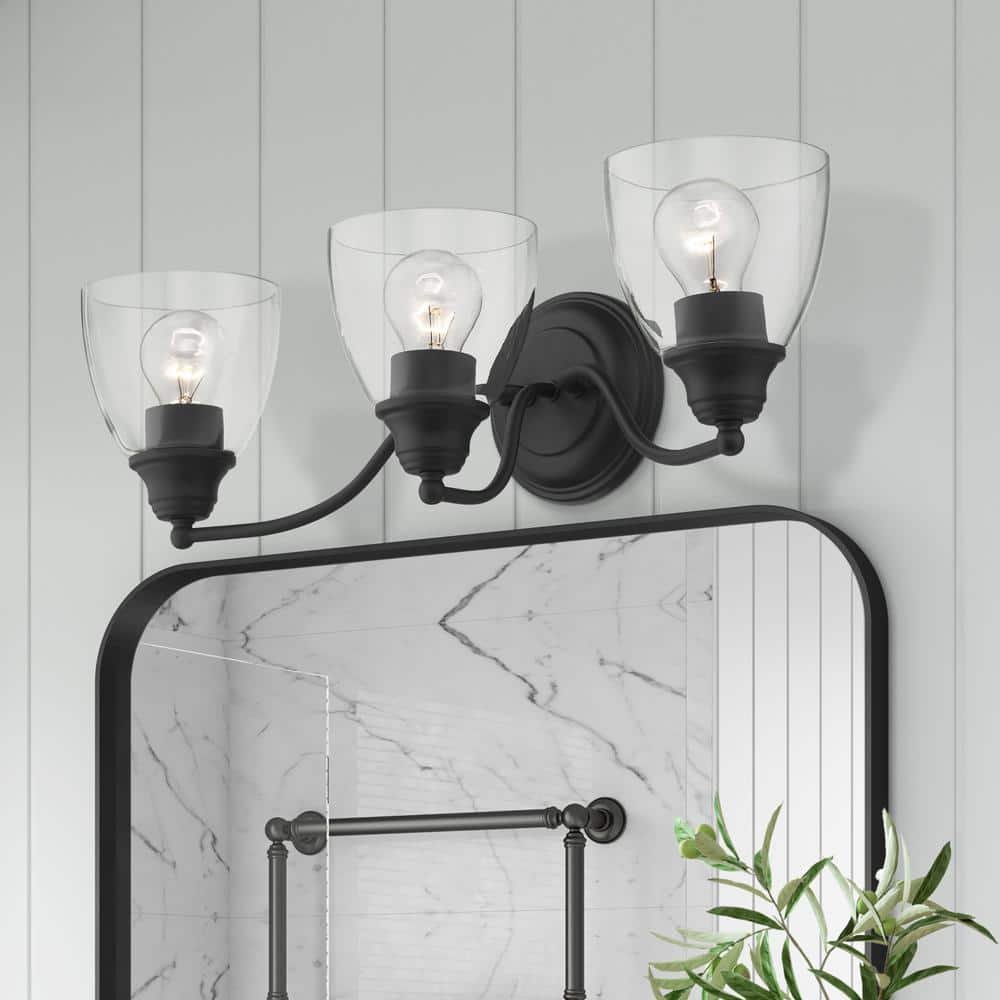 Montgomery Black Steel 3-Light Vanity with Clear Glass Shades