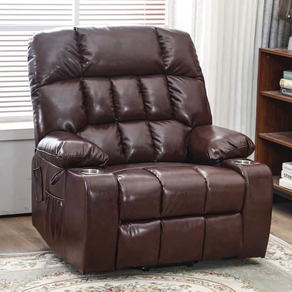 Flagship Breathable Leather Power Lift Recliner Chair with Massage, Heating and 2-Cup Holder-Brown4