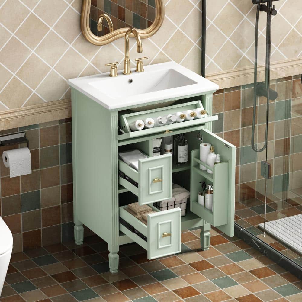 24 in. Green Bath Vanity with White Ceramic Sink Top, One Flip Drawer and Two Drawers, Adjustable Shelf price history on PriceWatchPro