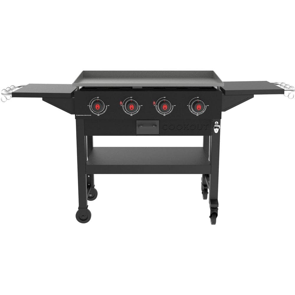 Coleman Cookout 4-Burner Propane Gas 36 in. Flat Top Grill in Black, Grease Tray and 2-Side Shelves