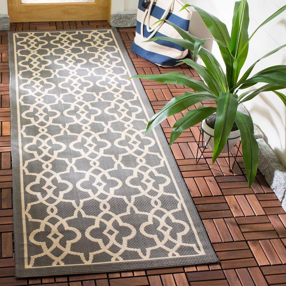 Gray and Beige Geometric Synthetic Outdoor Runner Rug