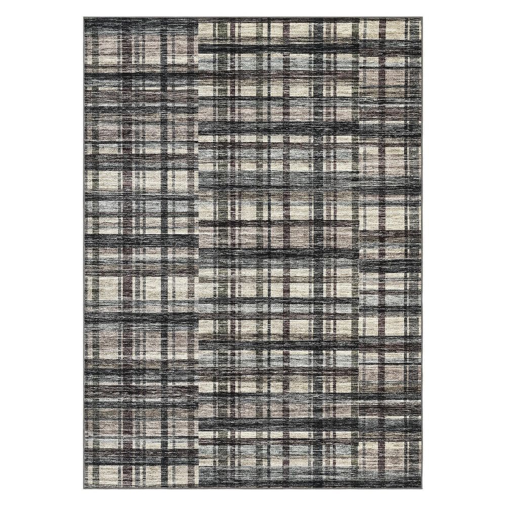 Green Brown 9 ft. x 12 ft. Modern Striped Geometric Pattern Nonshedding ...