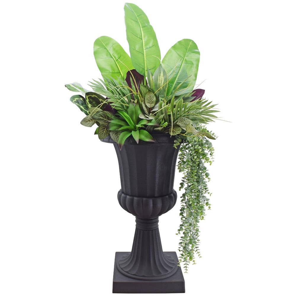 Large Black Plastic Outdoor Pedestal Urn Planter Set