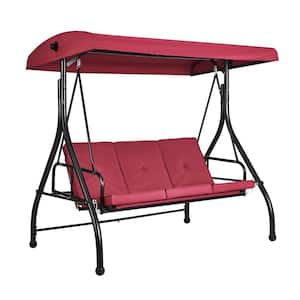 72.8 in. 3-Person Black Alloy Steel Frame Burgundy Removable Thick Cushion Patio Swing Chair with Adjustable Canopy