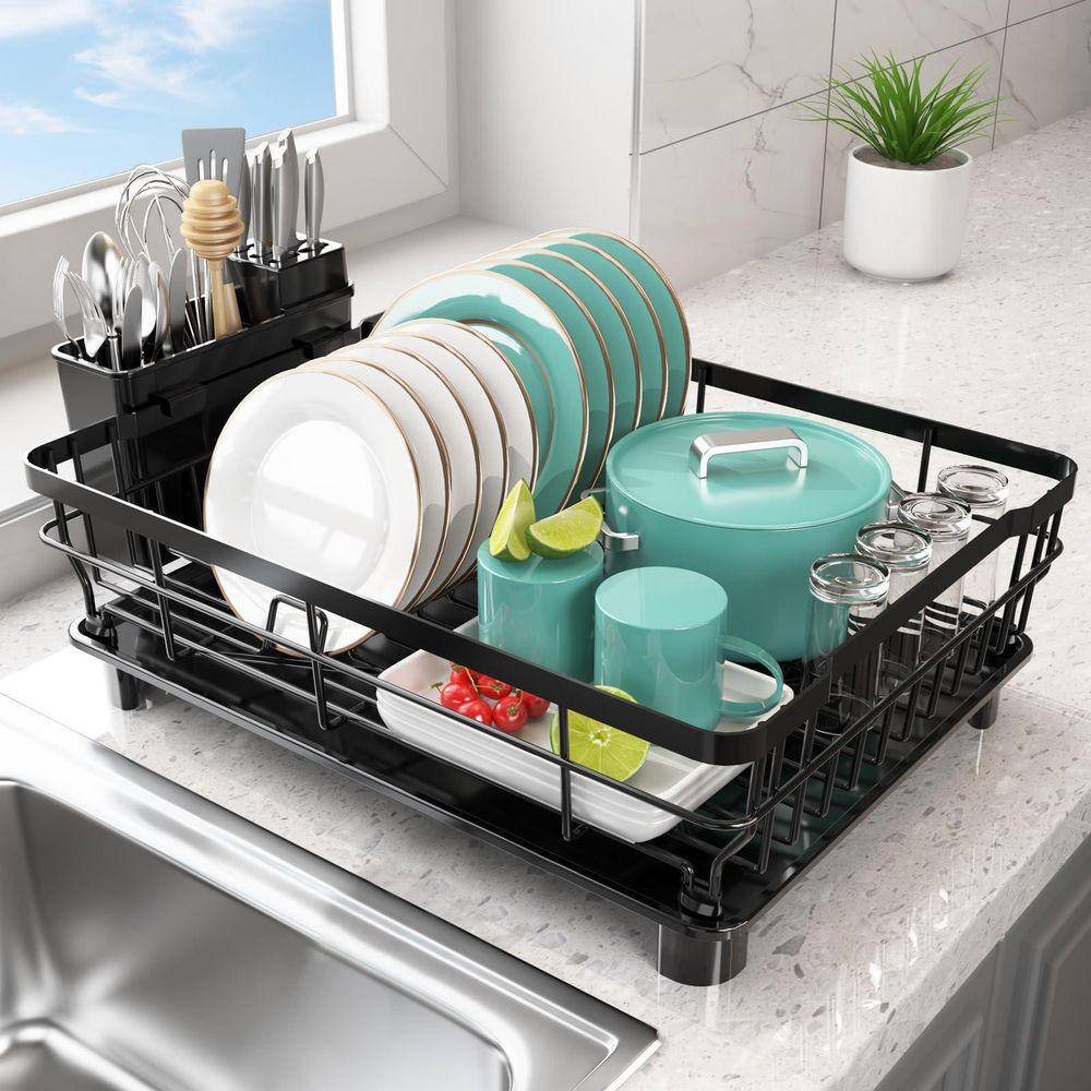 Lynzavix Black Space Saving Dish Rack with Drainboard, Rustproof
