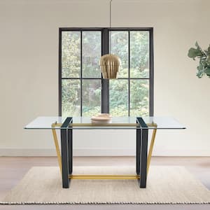 Kai Gold and Black Glass Top 72 in. Trestle Base Dining Table Seats 6