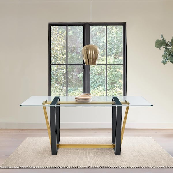 Armen Living Kai Gold and Black Glass Top 72 in. Trestle Base Dining Table Seats 6
