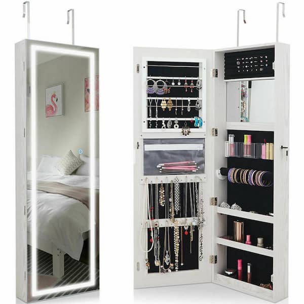 Costway Door Wall Mount Touch Screen LED Light Mirrored Jewelry Box Cabinet  Storage Lockable HW60387WH - The Home Depot