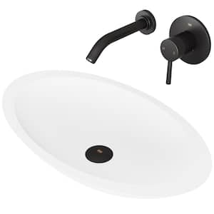 Matte Stone Wisteria Composite Oval Vessel Bathroom Sink in White with Olus Faucet and Pop-Up Drain in Matte Black