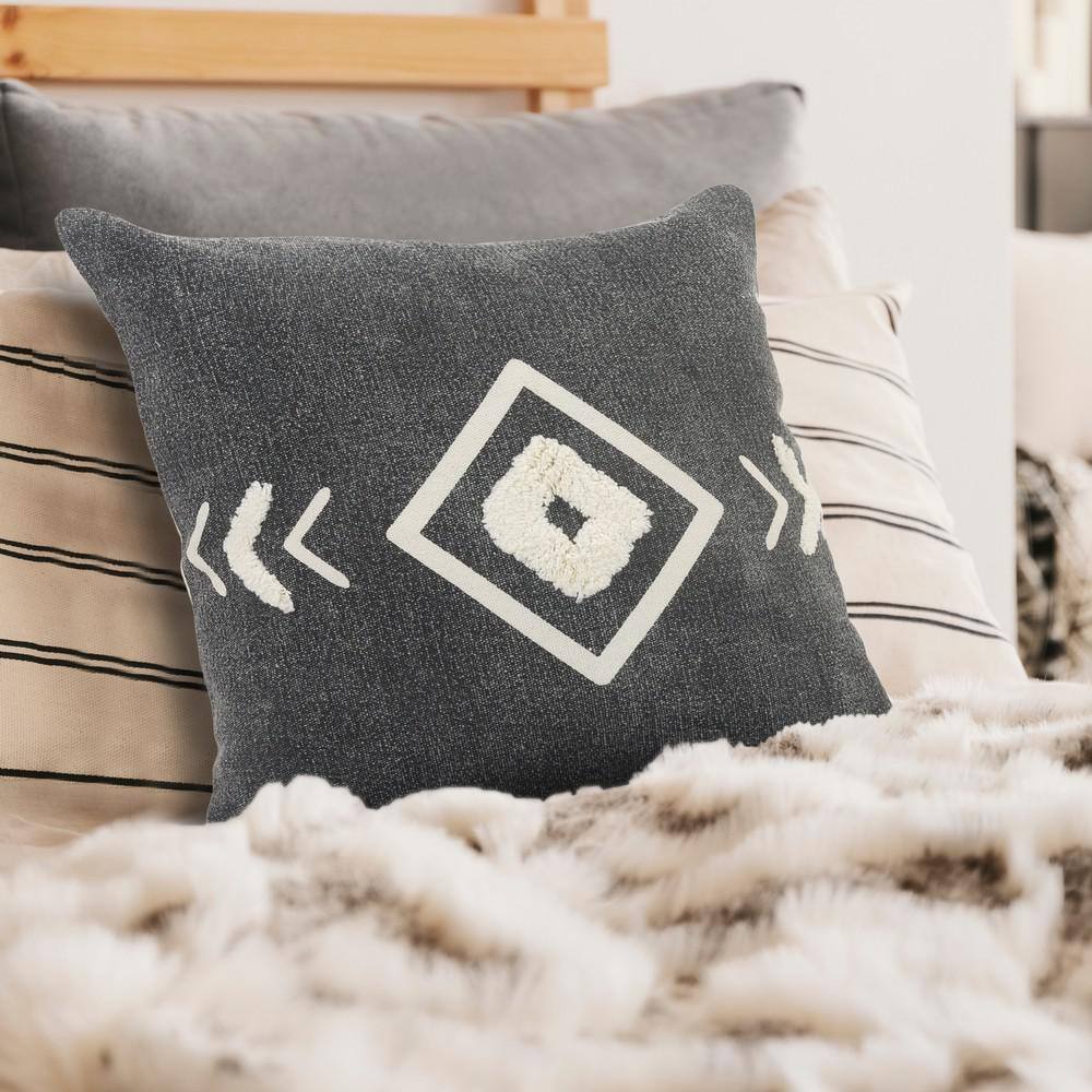 Black and White Geometric Tufted Cotton Throw Pillow, 20 in