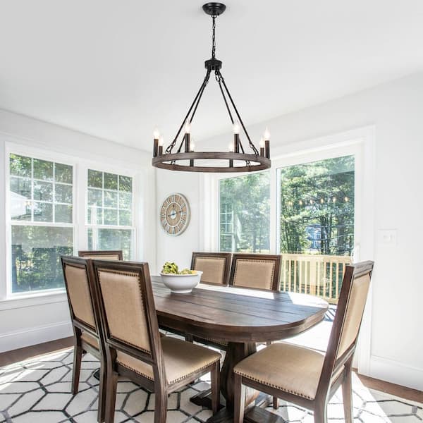 8-Light Natural Circle Candle Design Linear Chandelier Lighting Wagon Wheel Chandelier for Kitchen Island