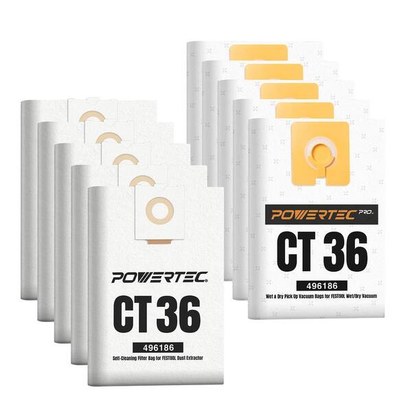 Selfclean Filter Bags for Wet Mess&Dry Dust Debris, Vacuum Bags for Festool 496186, for Dust Extractor CT36, CT36E, 10PK