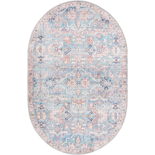 Unique Loom Nostalgia Katie Blue 5 ft. x 8 ft. Oval Machine Washable Area Rug