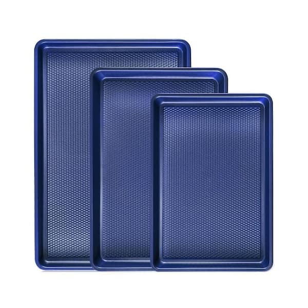 3-Piece Blue Baking Sheet Pan Set, Nonstick Cookie Sheets for Oven with Diamond Texture, Thick Heavy Duty Cookie Tray