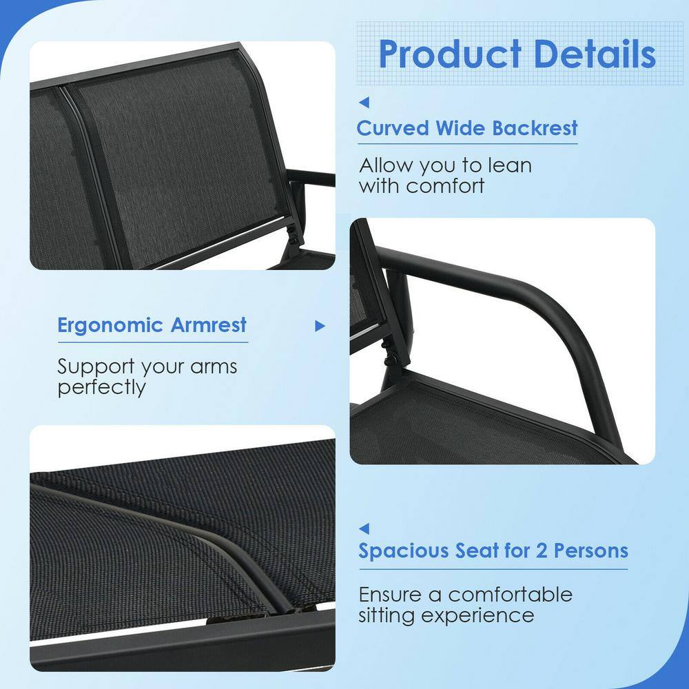 Black Steel Outdoor Glider Bench Loveseat with Mesh Fabric