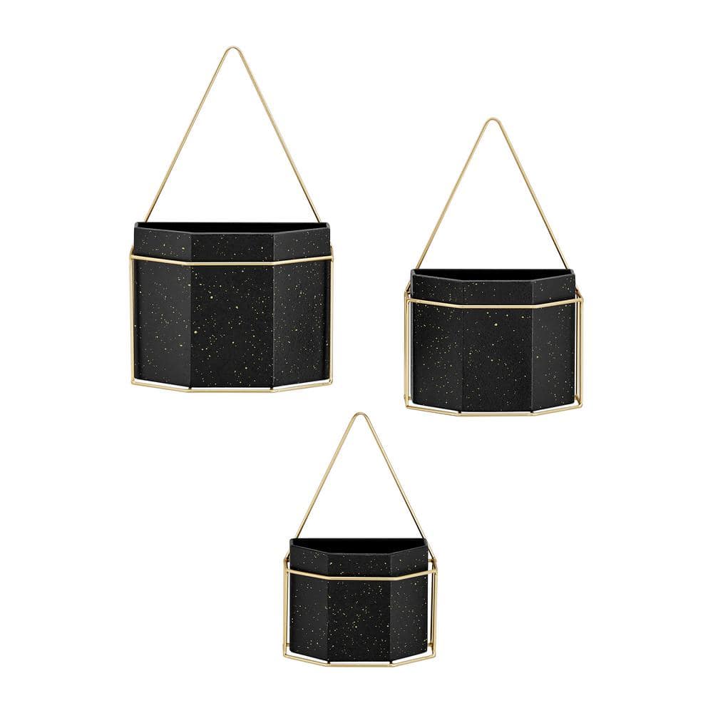 Set of 3 Black and Gold Geometric Metal Wall Planters