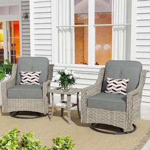 Eureka Grey 3-Piece Wicker Outdoor Patio Conversation Swivel Rocking Chair Seating Set with Dark Grey Cushions