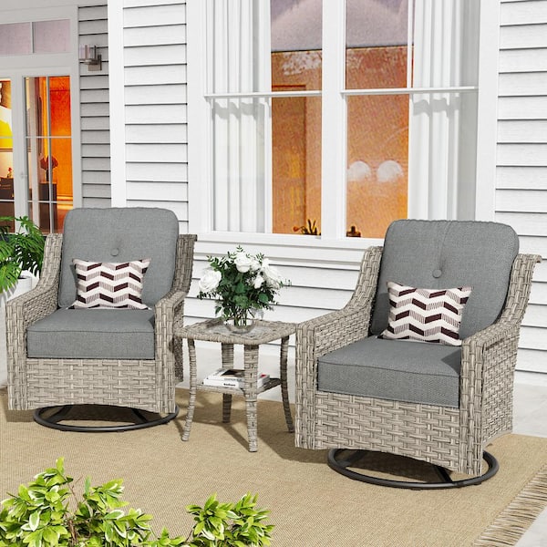 Toject Eureka Grey 3-Piece Wicker Outdoor Patio Conversation Swivel Rocking Chair Seating Set with Dark Grey Cushions