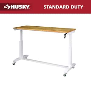 62 in. W x 24 in. D Adjustable Height White Worktable with Solid Wood Top