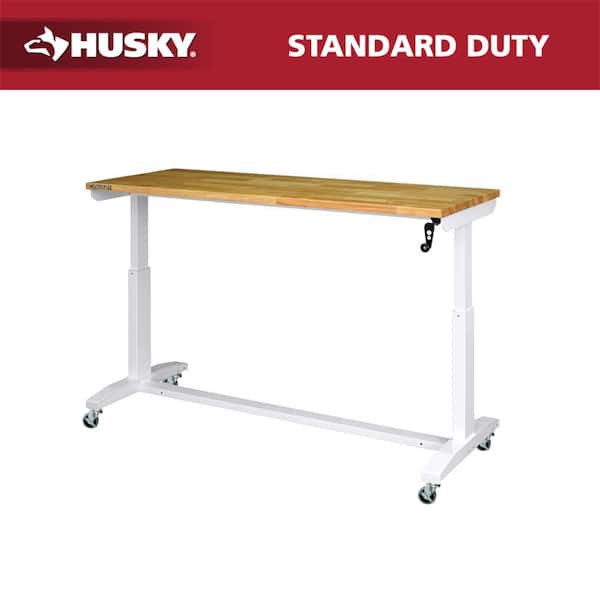 62 in. W x 24 in. D Adjustable Height White Worktable with Solid Wood Top
