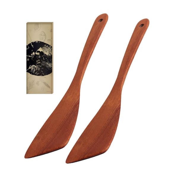 2-Piece Natural Solid Wood Kitchen Spatula Set Ergonomic Handle Angled Edge Nonstick Pan Cooking Accessory