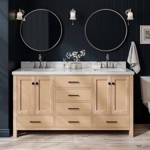 Cambridge 66 in. Double Sink Freestanding Bathroom Vanity in Oak with Carrara White Marble Top