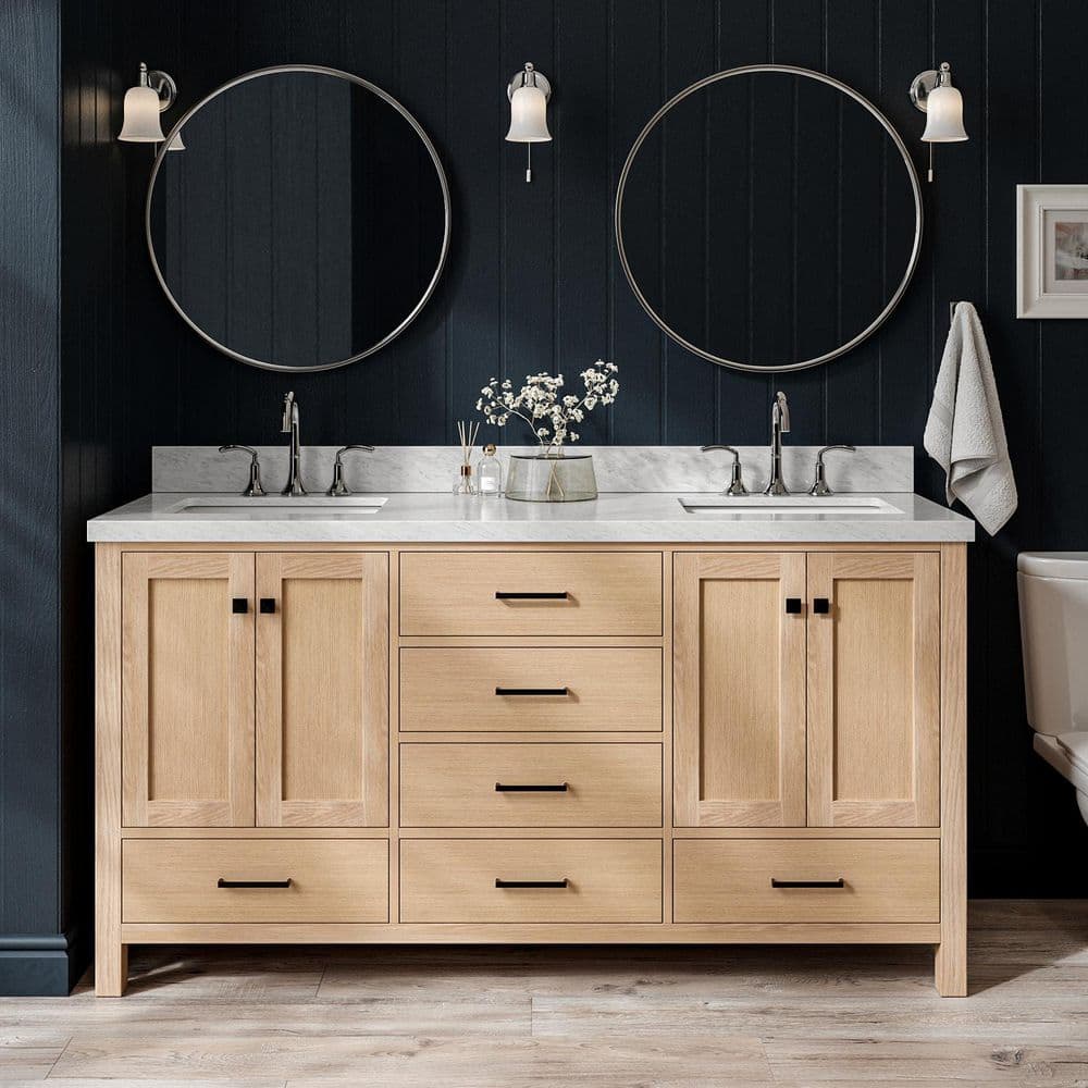 Cambridge 66 in. Double Sink Freestanding Bath Vanity in Oak with Carrara White Marble Top & Sidesplash price history on PriceWatchPro