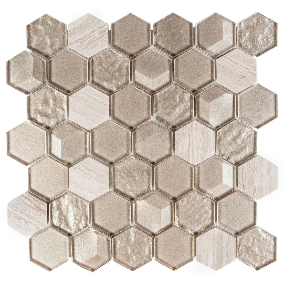 Xen Sheela Tan 5 in. x 6.5 in. Hexagon Smooth Glass and Stone Mosaic Wall T