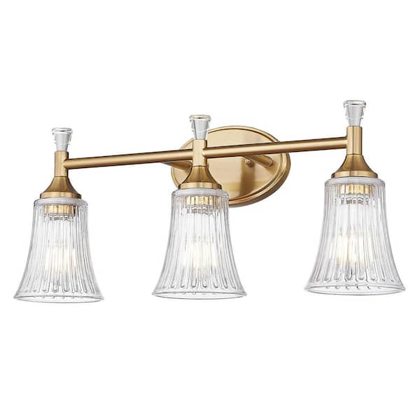 ZACHVO 22 in. Modern 3-Light Gold Finish Vanity Lighting Fixtures with Bell Shaped Fluted Glass