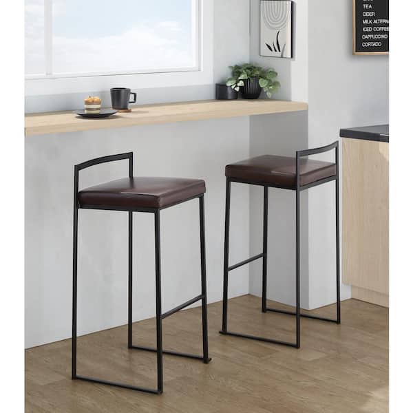 LumiSource Fuji 30.75 in. Brown Faux Leather and Black Metal Fixed-Height Bar Stool (Set of 2)