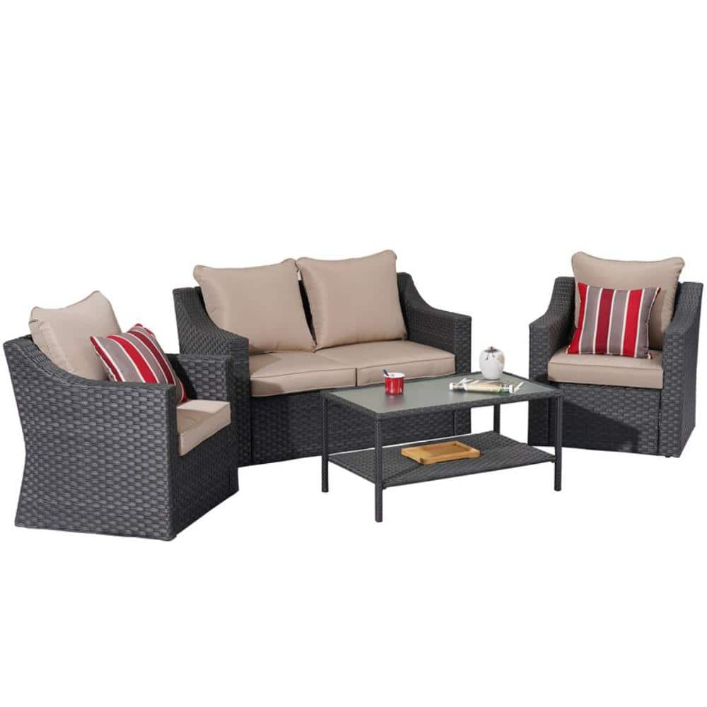 AUTMOON 7-Piece PE Wicker Patio Conversation Sets With Beige Cushions ...