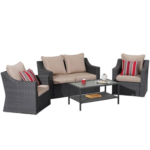 AUTMOON 7-Piece PE Wicker Patio Conversation Sets with Beige Cushions