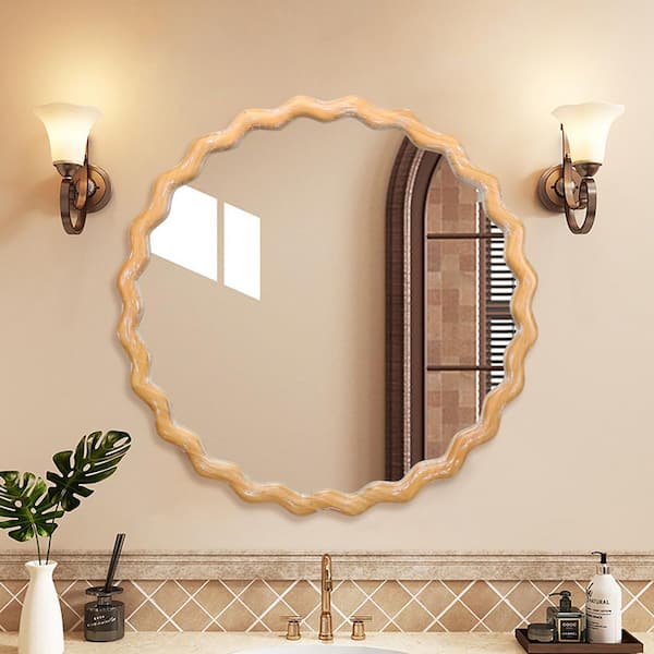 27.56 in. W x 27.56 in. H Natural Round Wavy Wall Mirror, Wooden Farmhouse Circle Mirror for Bathroom/Bedroom/Entryway