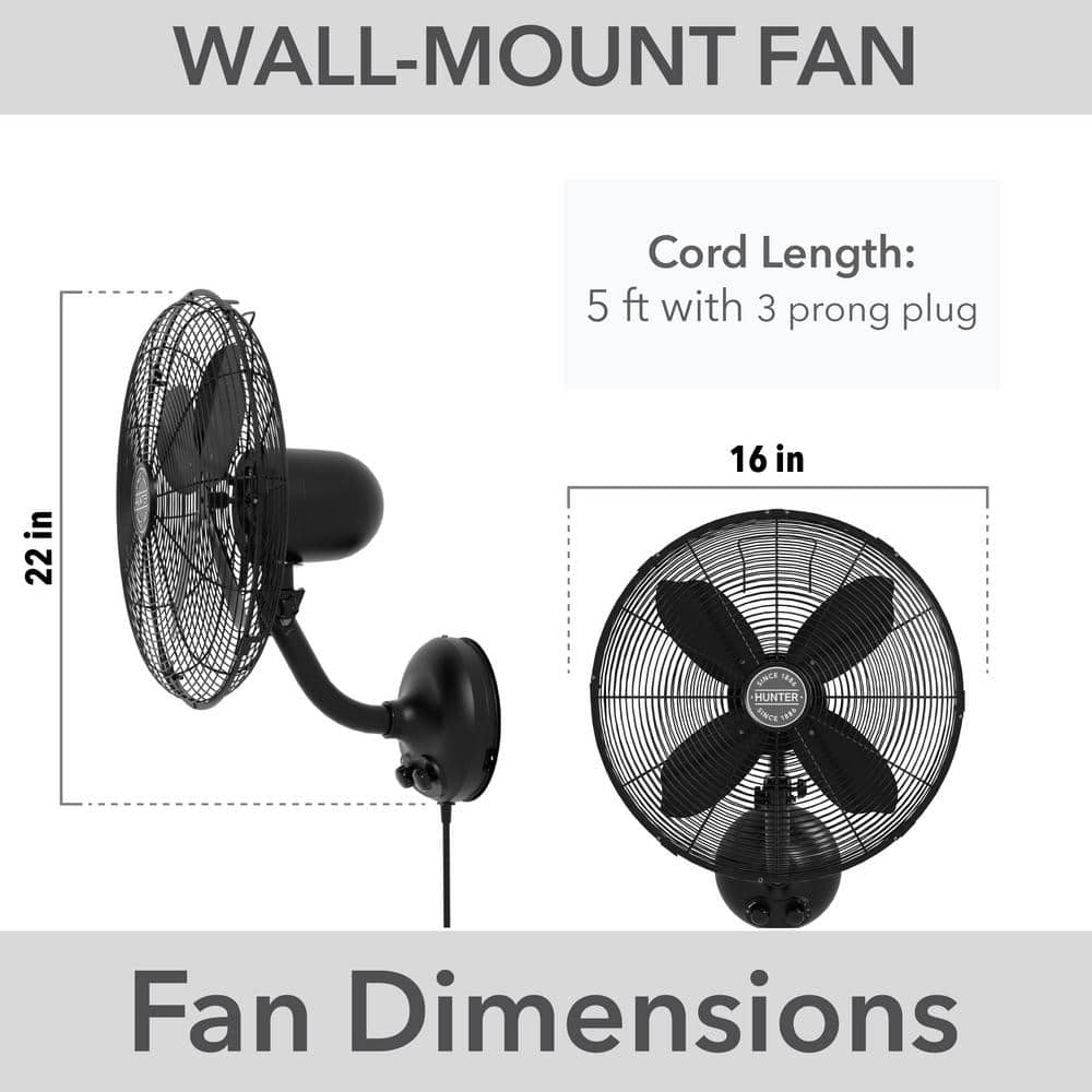 Matte Black 16-Inch Oscillating Wall Mounted Fan with Adjustable Head