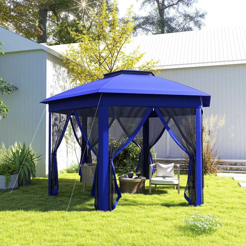 Dark Blue Steel Frame Hexagonal Pop-Up Gazebo with Mesh Netting