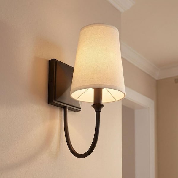 Cameron 5 in. W x 13 in. H 1-Light Matte Black Transitional Wall Sconce with White Fabric Shade
