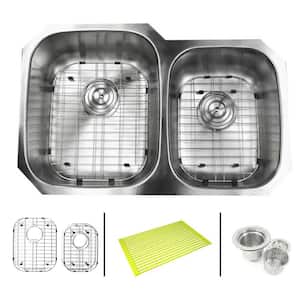 Undermount 16-Gauge Stainless Steel 32 in. x 20-3/4 in. x 9 in. 60/40 Offset Double Bowl Kitchen Sink Combo