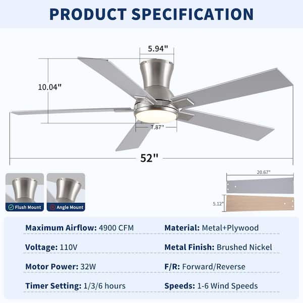52 in. Nickel Dual-Finish Blades Flush Mount Standard Ceiling Fan With Light, Remote Control and Reversible Quiet Motor