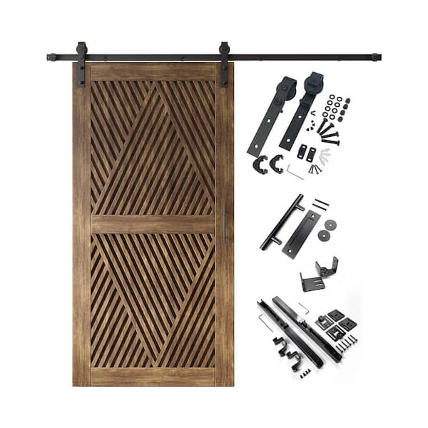 LT 36 in. x 84 in. C-Panel Dark Walnut Diamond Design Solid Pine Wood Sliding Barn Door with Hardware Kit
