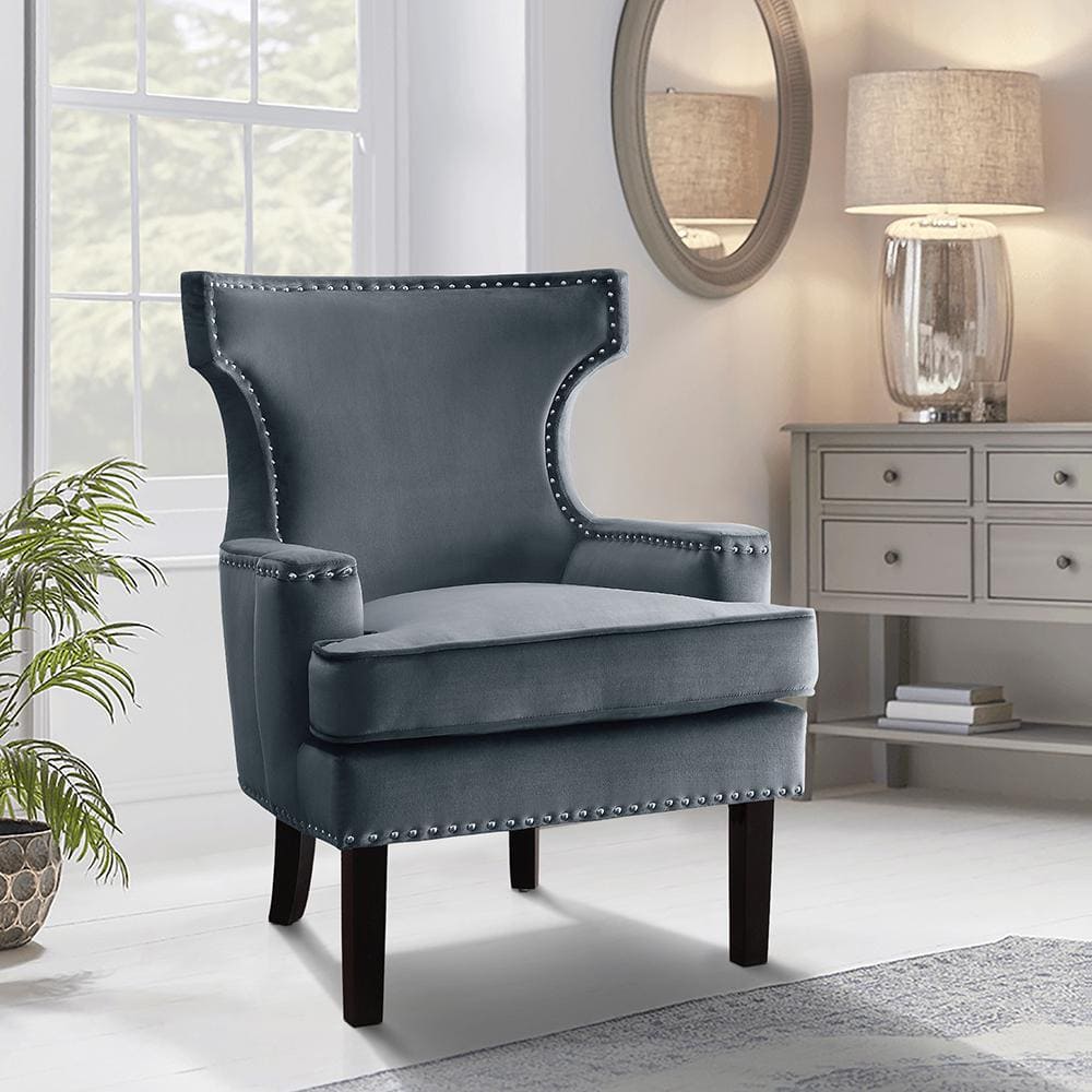 Gray Velvet Accent Chair with Studded Rivets and Saber Legs