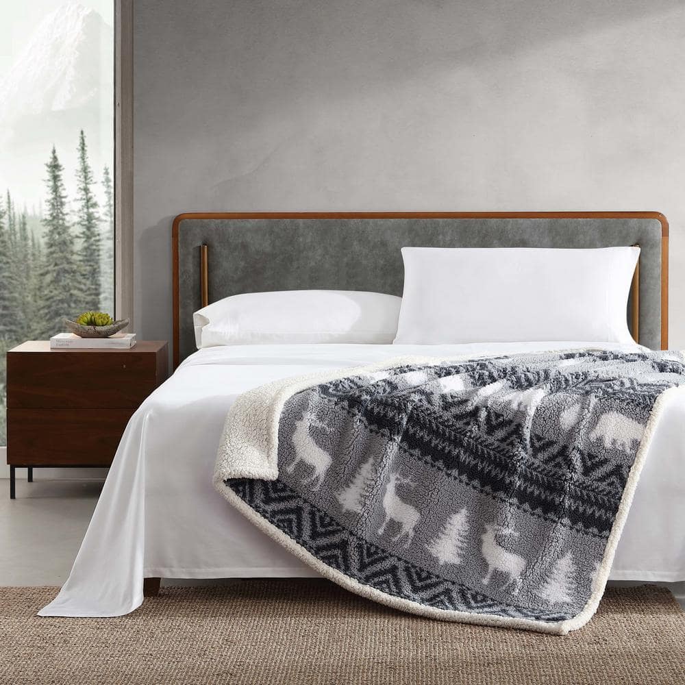 Gray and White Reversible Sherpa Fleece Throw Blanket