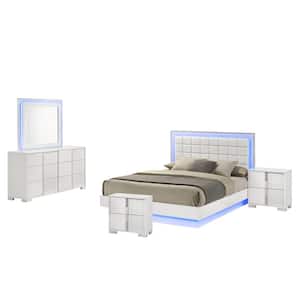 Elma 5-Piece White Lacquer Faux Leather Wood Frame Queen Platform Bedroom Set With Nightstand