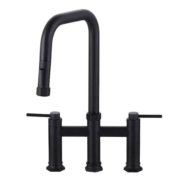 IVIGA 3-Hole 8 in. Double Handle Brass Bridge Kitchen Faucet with 2-Mode Pull Down Sprayer and Supply Lines in Matte Black