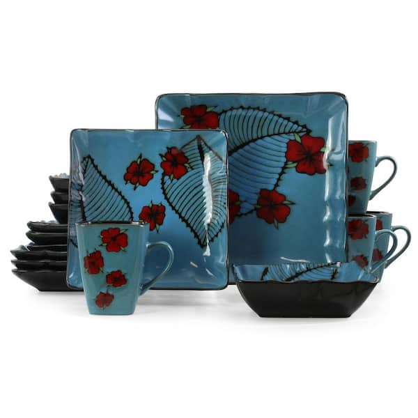 Aloha Tide 16-Piece Patterned Blue Stoneware Dinnerware Set (Service for 4)