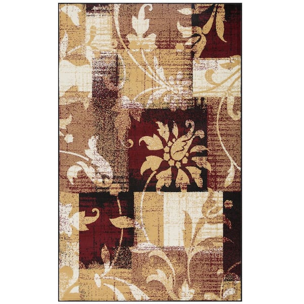 SUPERIOR Pastiche Burgundy 5 ft. x 8 ft. Rectangle Floral Patchwork Geometric Polypropylene Area Rug