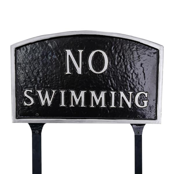 Montague Metal Products 10 in. x 15 Standard Arch No Swimming Statement Plaque Sign with Lawn Stakes - Black/Silver