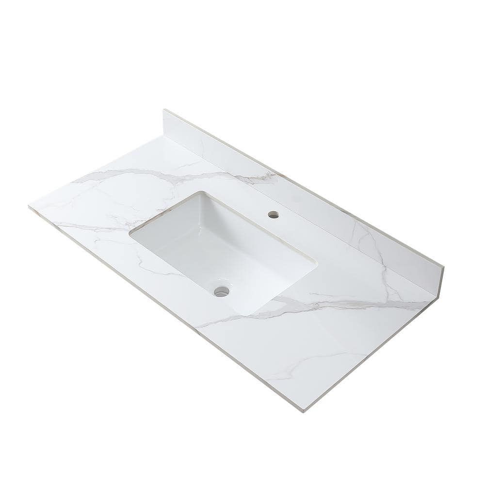 43 in. White Engineered Stone Composite Vanity Top with Rectangular Single Sink