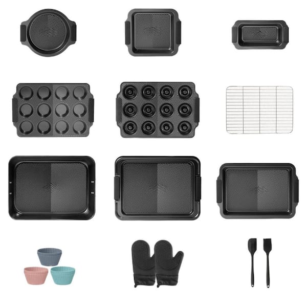 25-Piece Black Stainless Steel Stackable Bakeware Set with Silicone Handles for Home Kitchen Baking Cookies and Pastries