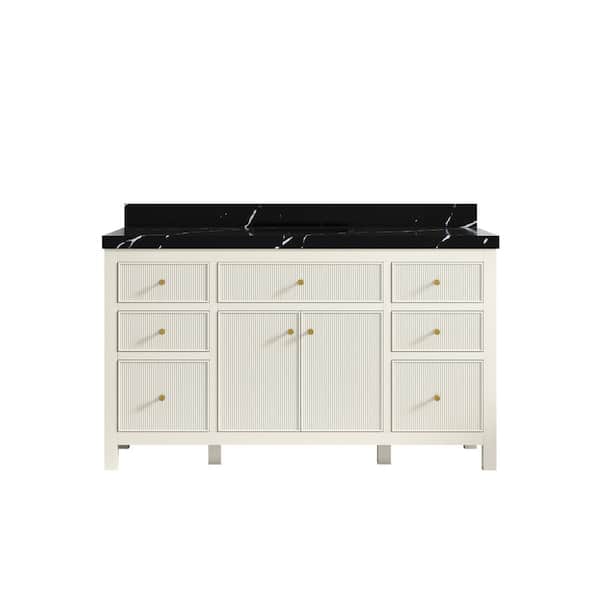 Willow Collections Sonoma 60 in. Single Sink Freestanding Alabaster Bath Vanity with Calacatta Black Qt. Top Unassembled